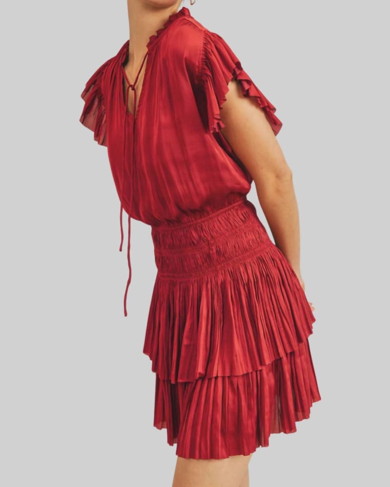 Front of a model wearing a size L Gabrielle Dress In Deep Red in Deep Red by RESET by Jane. | dia_product_style_image_id:354122